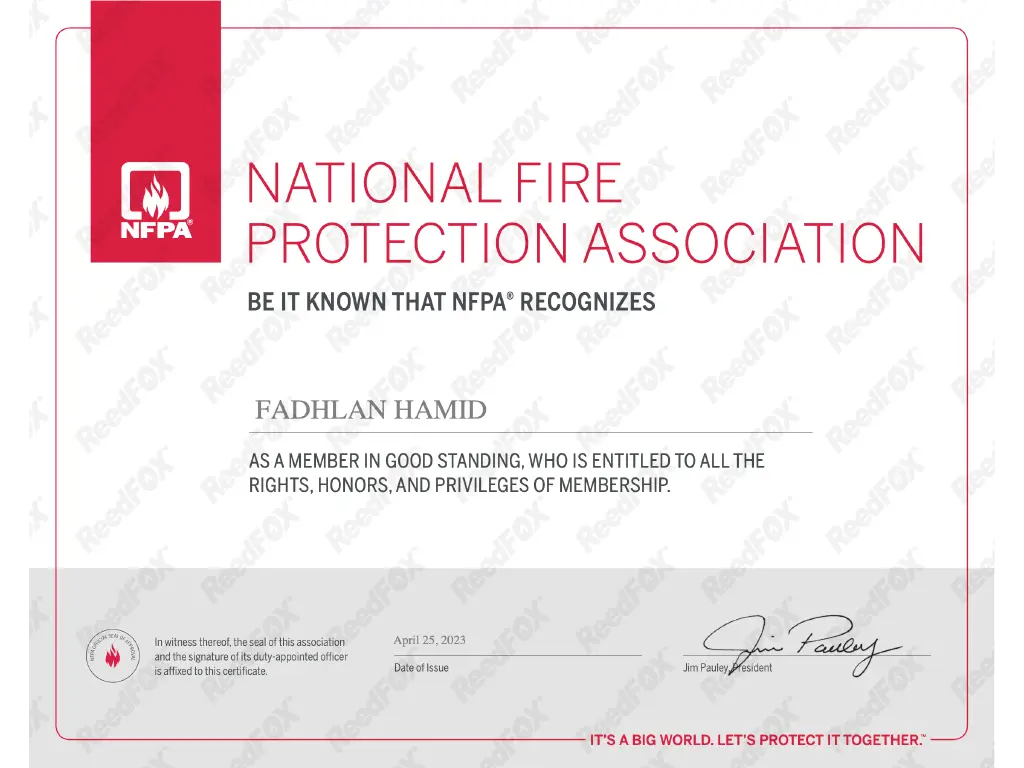 sertifikat nfpa certified membership fadhlan hamid