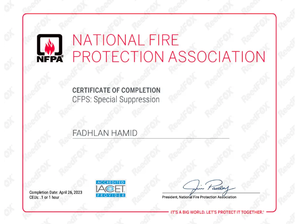 Sertifikat NFPA Fadhlan Hamid CFPS Special Suppression: Certified Fire Protection System